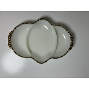Vintage Fire King White Milk Glass‎ Divided Serving Dish, Gold Accents